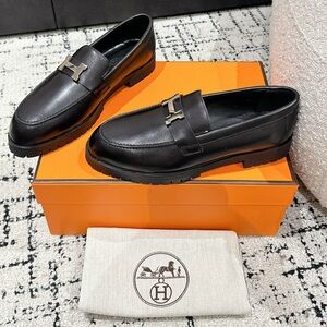 Women's Hermès Black Smooth Leather H-Buckle Platform Loafers
